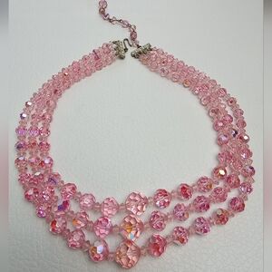Vintage Pink AB Crystal Facet Bead Bib Necklace 14"-17"
